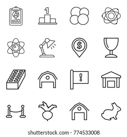 Thin line icon set : report, pedestal, atom core, table lamp, dollar pin, wineglass, brick, barn, important flag, warehouse, vip fence, beet, rabbit