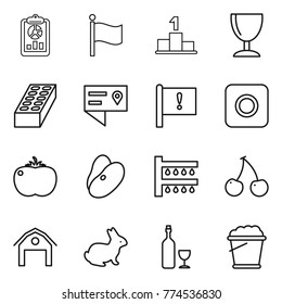 Thin line icon set : report, flag, pedestal, wineglass, brick, location details, important, ring button, tomato, beans, watering, cherry, barn, rabbit, wine, foam bucket