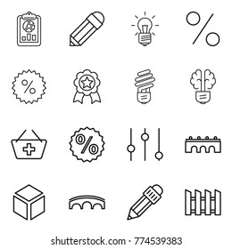 Thin line icon set : report, pencil, bulb, percent, medal, brain, add to basket, equalizer, bridge, 3d, fence