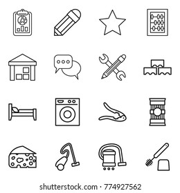 Thin line icon set : report, pencil, star, abacus, warehouse, discussion, wrench, block wall, bed, washing machine, walnut crack, pasta, cheese, vacuum cleaner, toilet brush