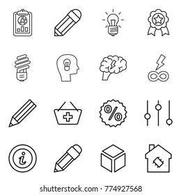 Thin line icon set : report, pencil, bulb, medal, head, brain, infinity power, add to basket, percent, equalizer, info, 3d, smart house