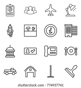 Thin line icon set : report, group, plane, table lamp, spark plug, tools, info, houses, goverment house, check in, intercome, fork spoon plate, pickup, barn, rake, scraper