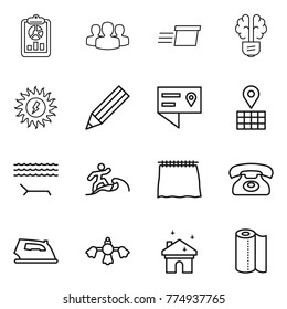 Thin Line Icon Set : Report, Group, Delivery, Bulb Brain, Sun Power, Pencil, Location Details, Map, Lounger, Surfer, Curtain, Phone, Iron, Hard Reach Place Cleaning, House, Paper Towel