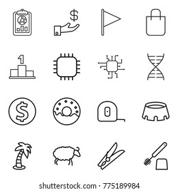 Thin line icon set : report, investment, flag, shopping bag, pedestal, chip, dna, dollar coin, donut, measuring tape, stadium, palm, sheep, clothespin, toilet brush