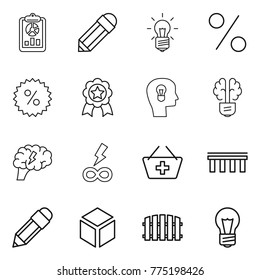 Thin line icon set : report, pencil, bulb, percent, medal, head, brain, infinity power, add to basket, bridge, 3d, fence