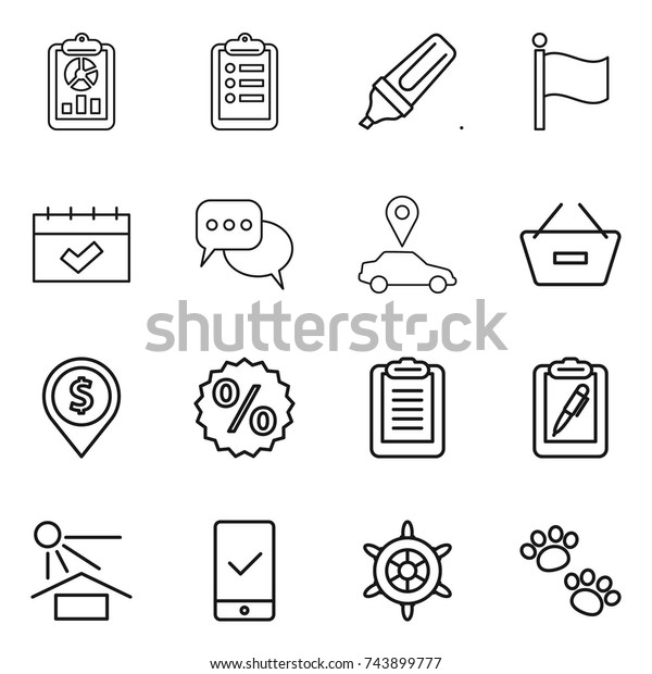 thin\
line icon set : report, clipboard, marker, flag, calendar,\
discussion, car pointer, remove from basket, dollar pin, percent,\
pen, sun potection, mobile checking, handwheel,\
pets