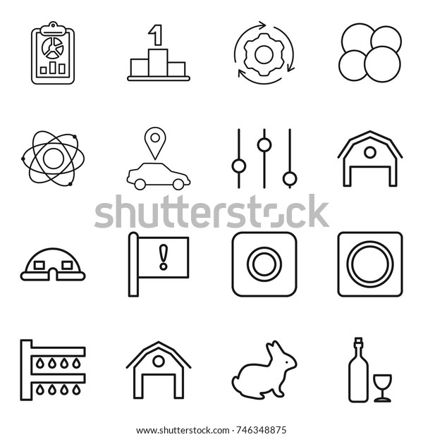 thin line icon set : report,
pedestal, around gear, atom core, car pointer, equalizer, barn,
dome house, important flag, ring button, watering, rabbit,
wine