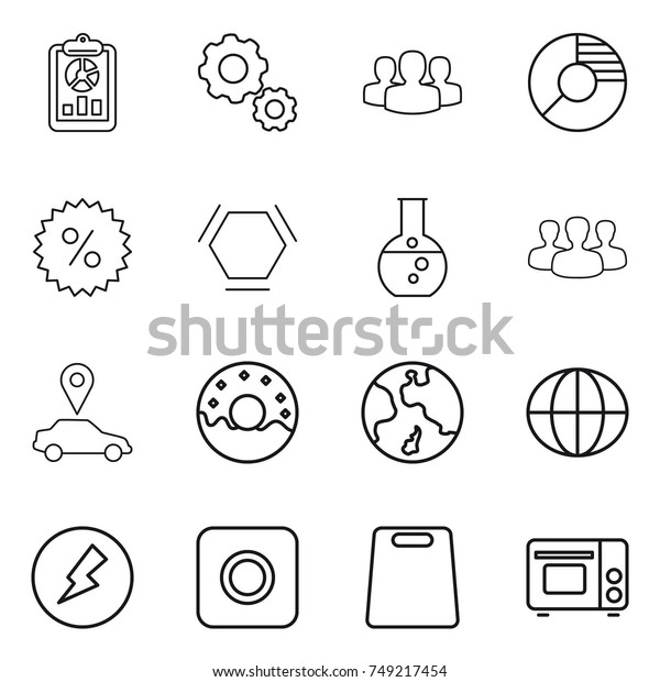 thin\
line icon set : report, gear, group, circle diagram, percent, hex\
molecule, round flask, car pointer, donut, earth, globe,\
electricity, ring button, cutting board, grill\
oven