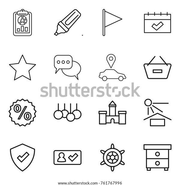 Thin line icon set : report, marker, flag,\
calendar, star, discussion, car pointer, remove from basket,\
percent, sale, castle, sun potection, protected, check in,\
handwheel, nightstand