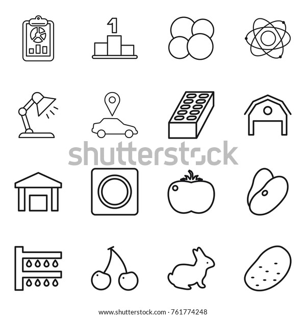 Thin line icon set :\
report, pedestal, atom core, table lamp, car pointer, brick, barn,\
warehouse, ring button, tomato, beans, watering, cherry, rabbit,\
potato