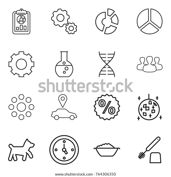 Thin line icon set : report, gear,\
circle diagram, round flask, dna, group, around, car pointer,\
percent, disco ball, dog, watch, foam basin, toilet\
brush