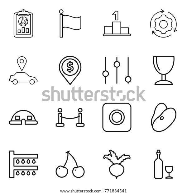 Thin line\
icon set : report, flag, pedestal, around gear, car pointer, dollar\
pin, equalizer, wineglass, dome house, vip fence, ring button,\
beans, watering, cherry, beet,\
wine