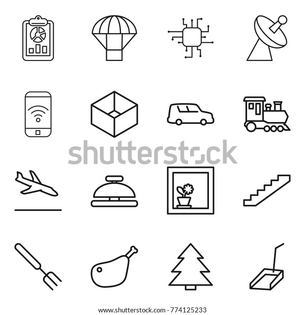 Thin line icon set : report, parachute, chip,\
satellite antenna, phone wireless, box, car shipping, train,\
arrival, service bell, flower in window, stairs, big fork, chicken\
leg, spruce, scoop