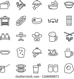 Thin Line Icon Set - restaurant table vector, drink, phyto bar, coffee, beer, salad, plates, waiter, salt and pepper, bread, cafe, dress code, alcove, credit card, chicken, steak, hot dog, bowl