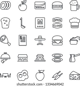Thin Line Icon Set - restaurant table vector, cook hat, menu, beer, plates, waiter, bread, cafe building, open close, credit card, receipt, kebab, ham, hamburger, ladle, steaming pan, turkish coffee