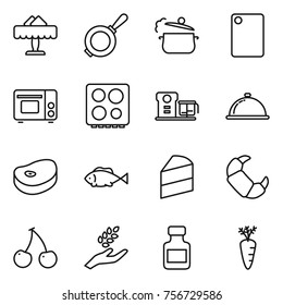 Thin line icon set : restaurant, pan, steam, cutting board, grill oven, hob, food processor, meal cap, steake, fish, cake, croissant, cherry, harvest, pills bottle, carrot