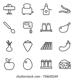 Thin line icon set : restaurant, toaster, apron, walnut crack, big spoon, mixer, salt pepper, chicken leg, onion, berry, field, eggplant, apple, egg, grain elevator, cheese