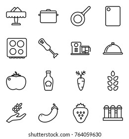 Thin line icon set : restaurant, pan, cutting board, hob, blender, food processor, meal cap, tomato, ketchup, carrot, spikelets, harvest, eggplant, strawberry, grain elevator