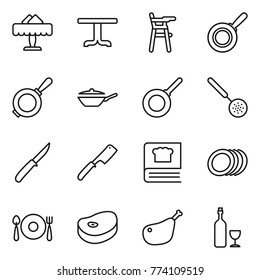 Thin line icon set : restaurant, table, Chair for babies, pan, skimmer, knife, chef, cooking book, plates, fork spoon plate, steake, chicken leg, wine