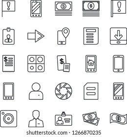 Thin Line Icon Set - right arrow vector, mobile phone, identity card, document, important flag, cash, tracking, camera, user, download, application, restaurant receipt, home control app