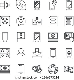 Thin Line Icon Set - right arrow vector, mobile phone, identity card, document, important flag, cash, tracking, cell, camera, user, download, application, home control app