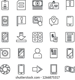 Thin Line Icon Set - right arrow vector, mobile phone, identity card, document, important flag, tracking, cell, camera, user, download, application, restaurant receipt, home control app, cash