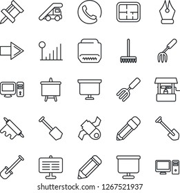 Thin Line Icon Set - right arrow vector, ladder car, presentation board, job, pencil, garden fork, shovel, rake, well, satellite, hdmi, cellular signal, drawing pin, ink pen, plan, phone, rolling