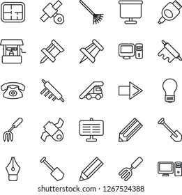 Thin Line Icon Set - right arrow vector, ladder car, drawing pin, bulb, job, pencil, garden fork, rake, well, satellite, hdmi, presentation board, ink pen, plan, phone, rolling, pc