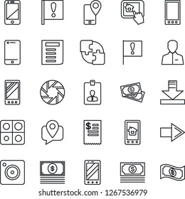 Thin Line Icon Set - right arrow vector, mobile phone, identity card, document, important flag, cash, tracking, cell, camera, user, download, application, restaurant receipt, home control app