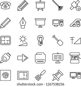 Thin Line Icon Set - right arrow vector, ladder car, presentation board, drawing pin, bulb, job, pencil, garden fork, rake, well, satellite, hdmi, brightness, fingerprint id, cellular signal, plan