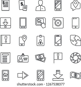 Thin Line Icon Set - right arrow vector, mobile phone, identity card, document, important flag, cash, tracking, cell, camera, user, download, application, restaurant receipt, home control app