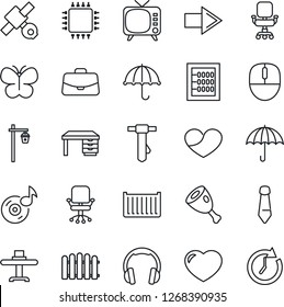 Thin Line Icon Set - right arrow vector, office chair, case, mouse, desk, tie, fence, butterfly, garden light, satellite, cargo container, umbrella, tv, headphones, heart, music, abacus, ham, chip