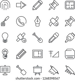 Thin Line Icon Set - right arrow vector, presentation board, drawing pin, bulb, job, pencil, garden fork, satellite, hdmi, fingerprint id, cellular signal, ink pen, plan, phone, rolling