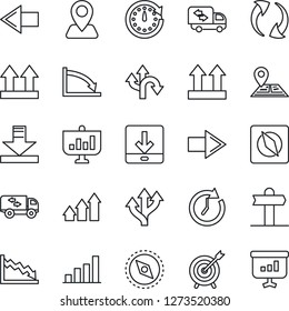 Thin Line Icon Set - right arrow vector, left, route, signpost, navigation, up side sign, update, download, compass, bar graph, moving, target, clock, crisis, presentation