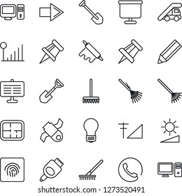 Thin Line Icon Set - right arrow vector, ladder car, drawing pin, bulb, job, shovel, rake, satellite, hdmi, brightness, fingerprint id, cellular signal, presentation board, pencil, plan, phone, pc