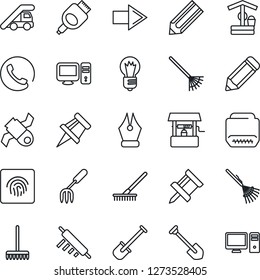 Thin Line Icon Set - right arrow vector, ladder car, bulb, job, pencil, garden fork, shovel, rake, well, satellite, hdmi, fingerprint id, drawing pin, ink pen, phone, rolling, pc