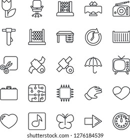 Thin Line Icon Set - right arrow vector, office chair, case, abacus, desk, tie, glove, butterfly, satellite, cargo container, umbrella, tulip, radio, tv, heart, cut, music, restaurant table, chip
