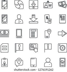 Thin Line Icon Set - right arrow vector, identity card, document, important flag, cash, mobile tracking, cell phone, camera, user, download, application, restaurant receipt, home control app