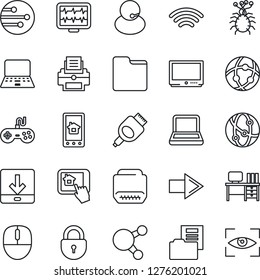 Thin Line Icon Set - right arrow vector, lock, mouse, desk, notebook pc, monitor pulse, virus, support, gamepad, tv, network, share, hdmi, folder, download, wireless, document, printer, eye scan