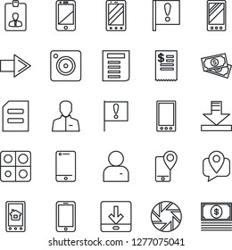 Thin Line Icon Set - right arrow vector, mobile phone, identity card, document, important flag, cash, tracking, cell, camera, user, download, application, restaurant receipt, home control app