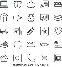 Thin Line Icon Set - right arrow vector, document search, seedling, pumpkin, heart, pills, navigation, car delivery, laptop pc, rewind, call, alarm, fingerprint id, photo gallery, monitor statistics
