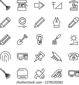 Thin Line Icon Set - right arrow vector, ladder car, bulb, pencil, garden fork, shovel, rake, well, satellite, hdmi, brightness, fingerprint id, cellular signal, drawing pin, ink pen, phone, rolling