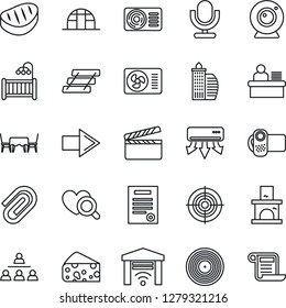 Thin Line Icon Set - right arrow vector, fireplace, greenhouse, heart diagnostic, clapboard, vinyl, video camera, microphone, paper clip, manager desk, target, tray, hierarchy, contract, cafe table