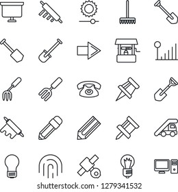 Thin Line Icon Set - right arrow vector, ladder car, presentation board, bulb, job, pencil, garden fork, shovel, rake, well, satellite, brightness, fingerprint id, cellular signal, drawing pin, pc