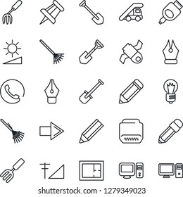 Thin Line Icon Set - right arrow vector, ladder car, drawing pin, bulb, job, pencil, garden fork, shovel, rake, satellite, hdmi, brightness, cellular signal, ink pen, plan, phone, pc