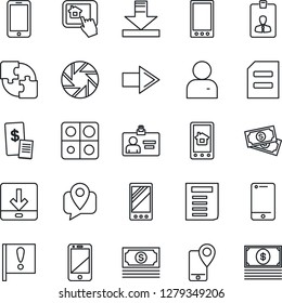 Thin Line Icon Set - right arrow vector, mobile phone, identity card, document, important flag, cash, tracking, cell, camera, user, download, application, restaurant receipt, home control app
