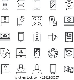 Thin Line Icon Set - right arrow vector, mobile phone, identity card, document, important flag, cash, tracking, cell, camera, user, download, application, restaurant receipt, home control app