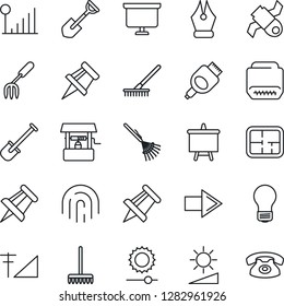 Thin Line Icon Set - right arrow vector, presentation board, drawing pin, bulb, garden fork, shovel, rake, well, satellite, hdmi, brightness, fingerprint id, cellular signal, ink pen, plan, phone