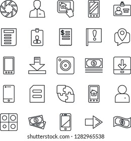 Thin Line Icon Set - right arrow vector, mobile phone, identity card, document, important flag, cash, tracking, cell, camera, user, download, application, restaurant receipt, home control app