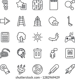 Thin Line Icon Set - right arrow vector, plane globe, speaking man, notepad, brainstorm, ladder, tree, sun, hose, caterpillar, thermometer, no hook, vinyl, gamepad, touch screen, share, calculator